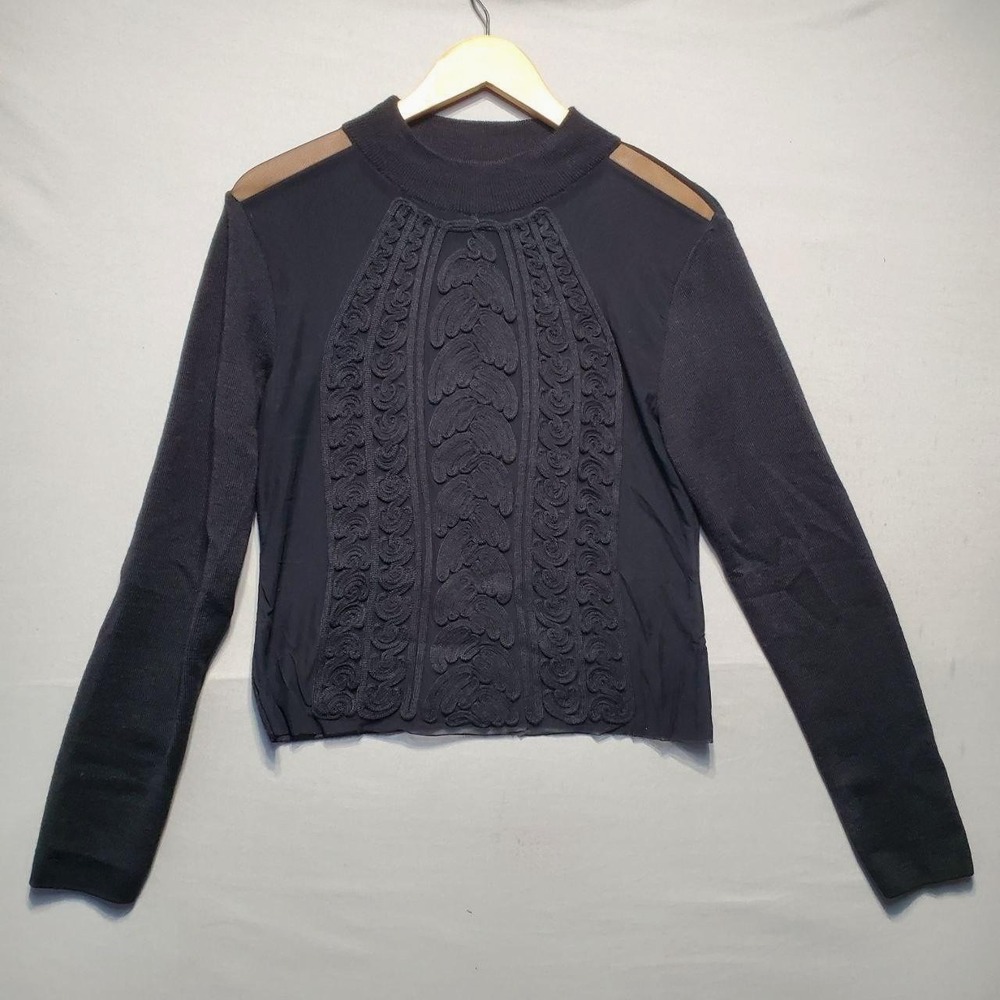 GP & F Italy Sweater Women L Black Sheer Mesh Embroidered Whimsigoth Avant Garde
